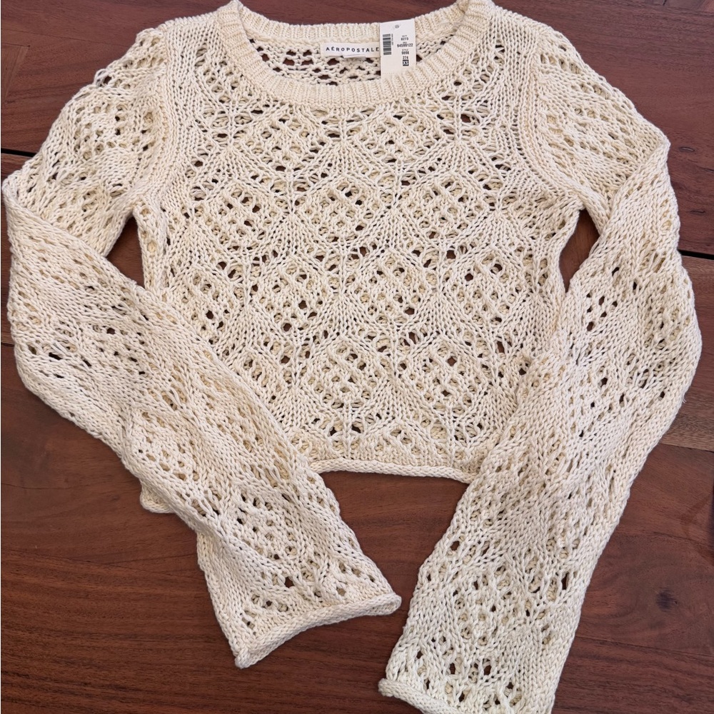 Aeropostale Boho Coquette Cream Crochet Crop Sweater Long Sleeve NWT XS